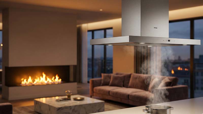 мощная кухонная вытяжка перетягивает воздух у камина в гостиной