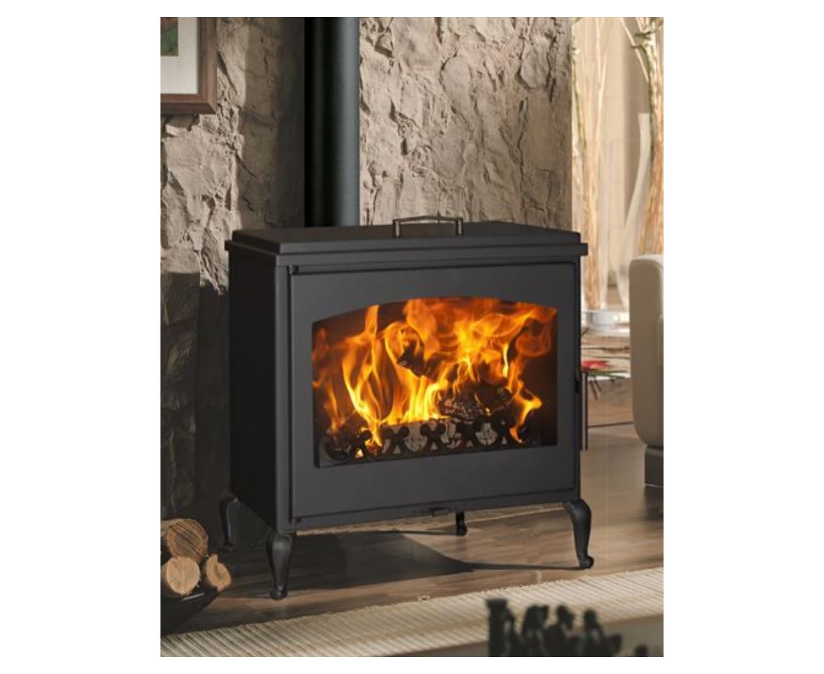 Печь-камин дровяной пристенный черный с панорамным стеклом и системой чистого стекла Panadero Provence