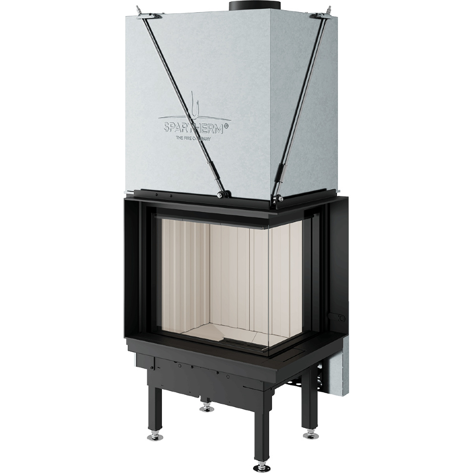 Каминная топка угловая с Г-образным стеклом и вертикальным подъемом дверцы Spartherm Premium V-2R-55h