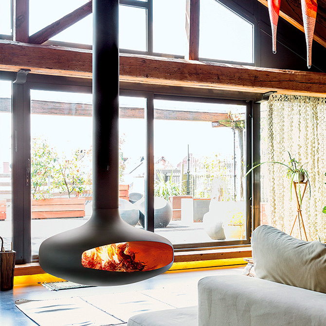 Подвесной камин островной с открытым очагом черный Focus Domofocus