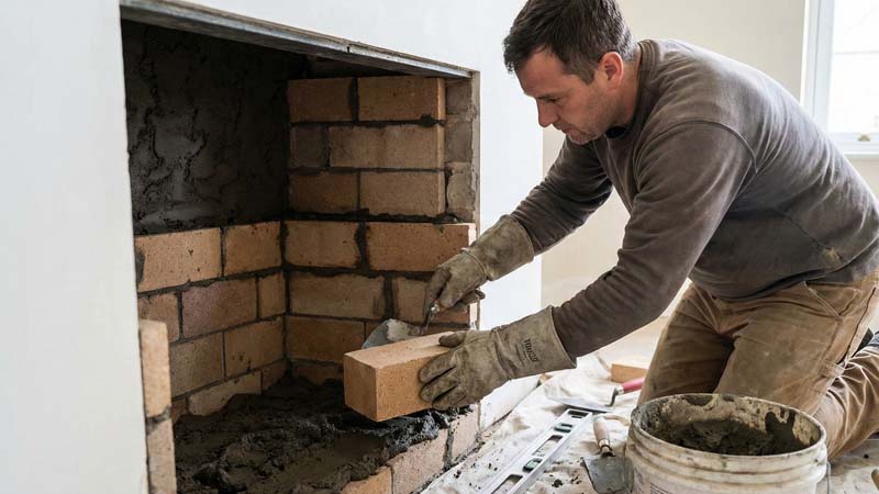Процесс монтажа огнеупорного кирпича в топку камина мастером