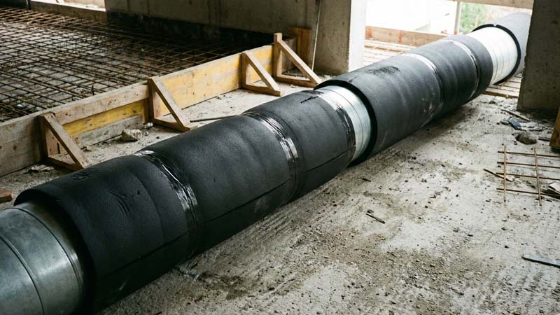 металлическая вентиляционная труба в черной теплоизоляции на бетонном полу стройки для защиты от конденсата