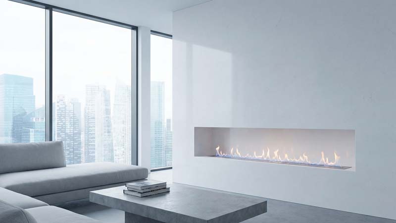 Встроенный биокамин в гладкой белой стене из кварца