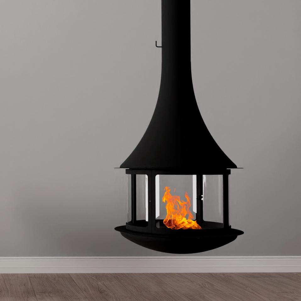 Центральный подвесной камин с панорамным остеклением и черным корпусом Traforart Loire Central