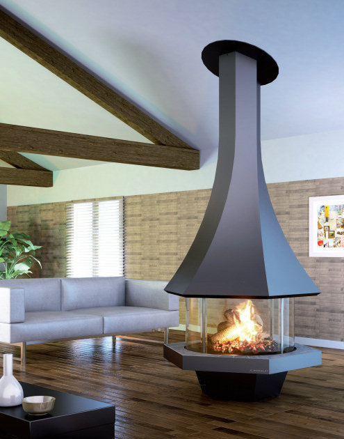 Камин центральный подвесной с панорамным стеклом и островным расположением Bordelet Eva 992