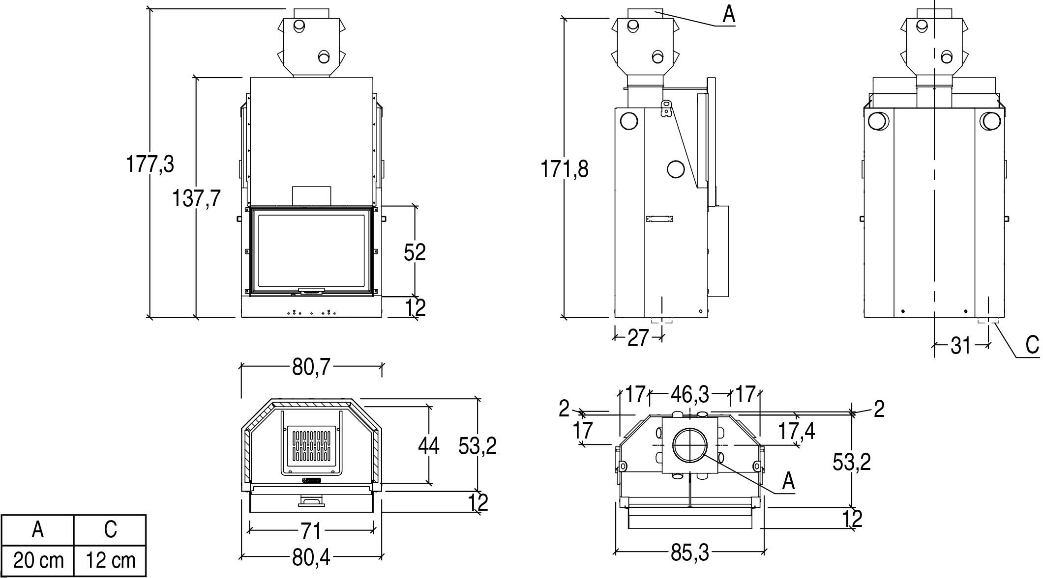Каминная топка с прямым стеклом и подъемной дверцей Piazzetta ME 70 P04907000