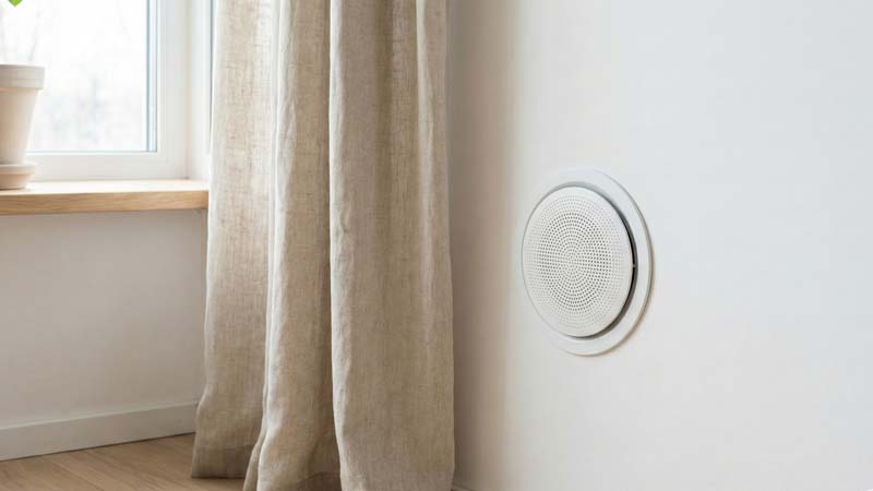 круглый приточный клапан белого цвета установленный на стене рядом с окном в современном интерьере