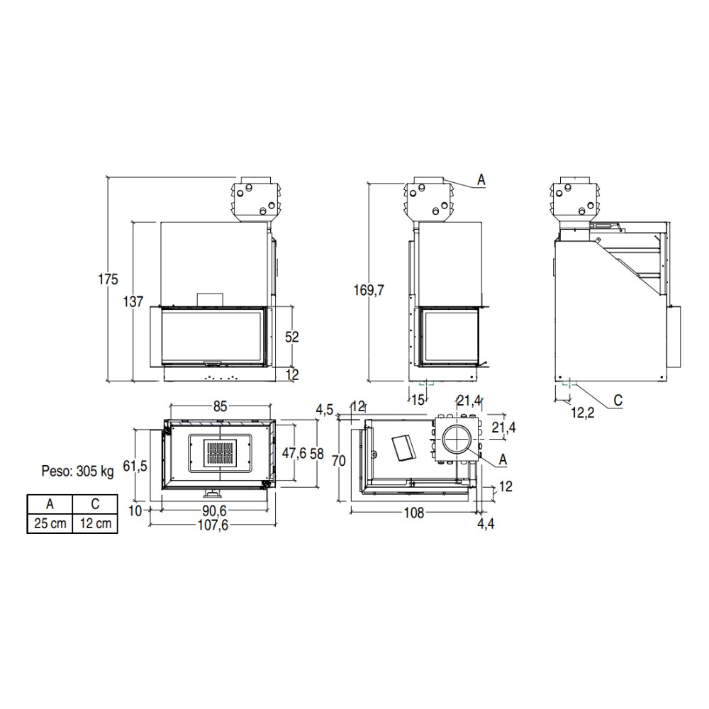 Каминная топка с прямым стеклом и подъемной дверцей Piazzetta ME 90 D P04909250