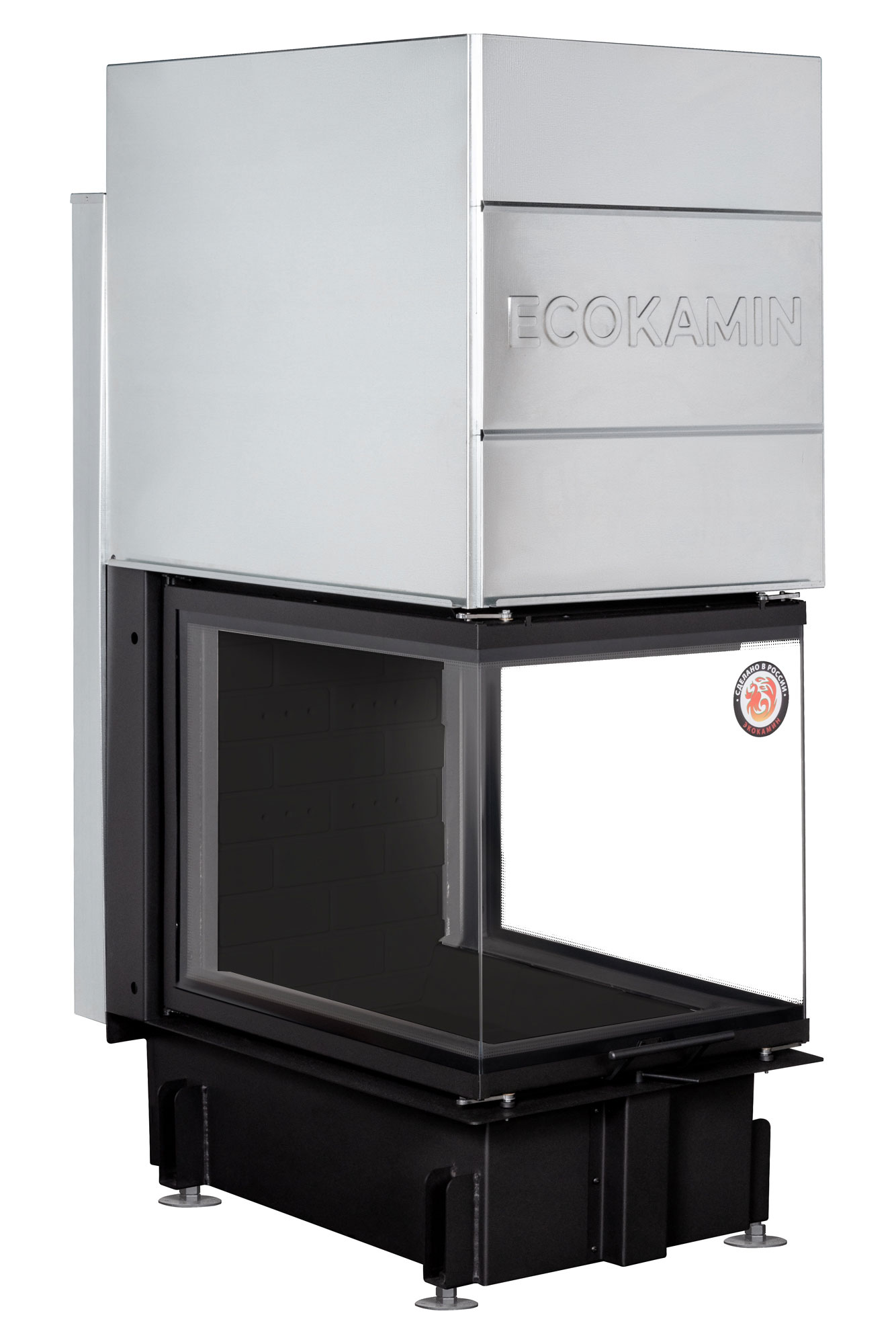 Каминная топка трехсторонняя с подовым горением и черной шамотной футеровкой Экокамин Дельта 700PB