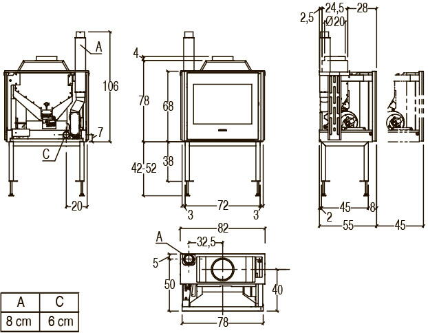 Топка каминная с направленной загрузкой и регулируемым комплектом Piazzetta PI2911120-0