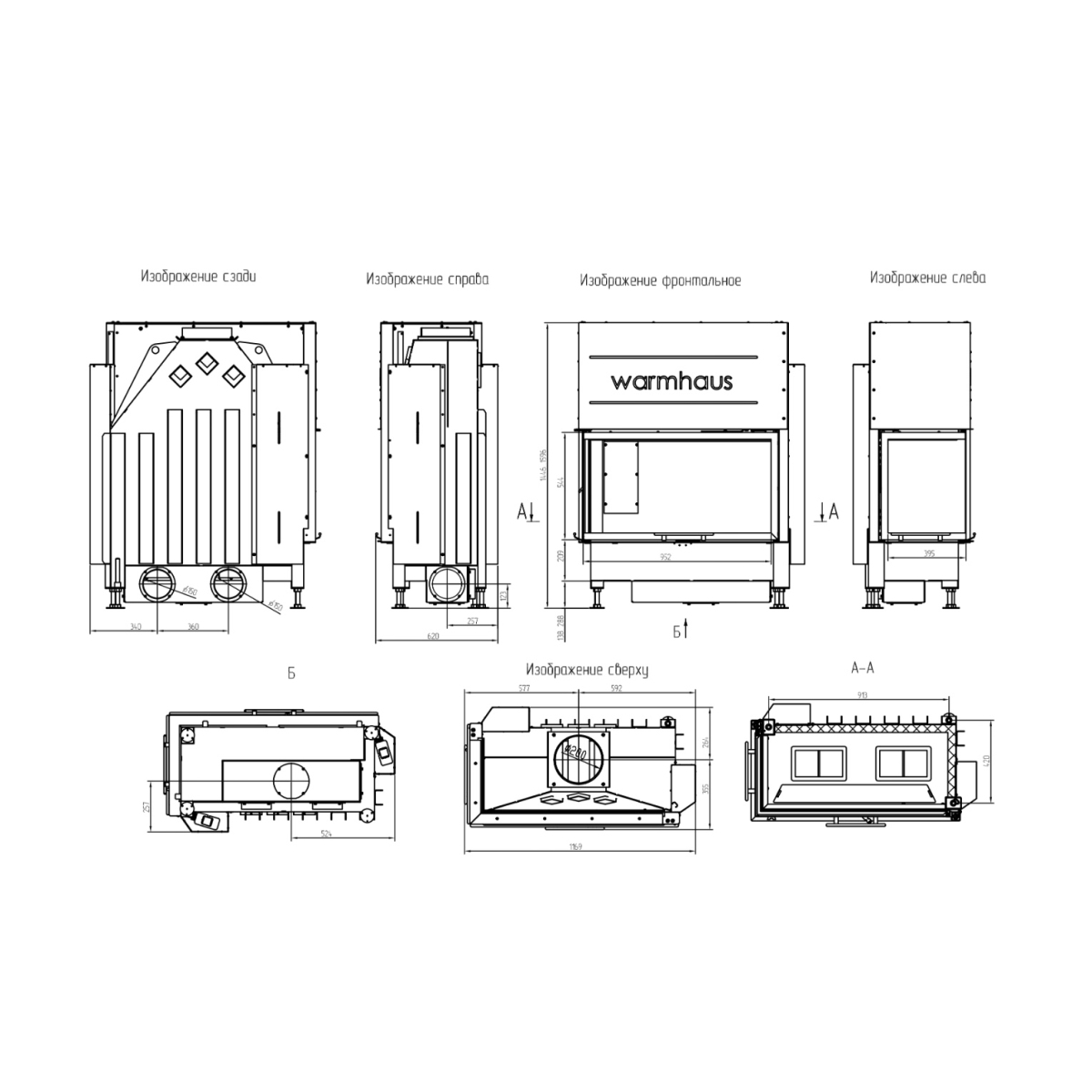 Каминная топка угловая с левым Г-образным стеклом и шамотной футеровкой Warmhaus KANT L 100/57h