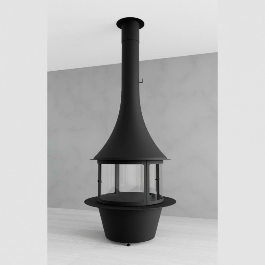 Камин центральный круглый островной подвесной с панорамным остеклением и черным корпусом Traforart Loire Central