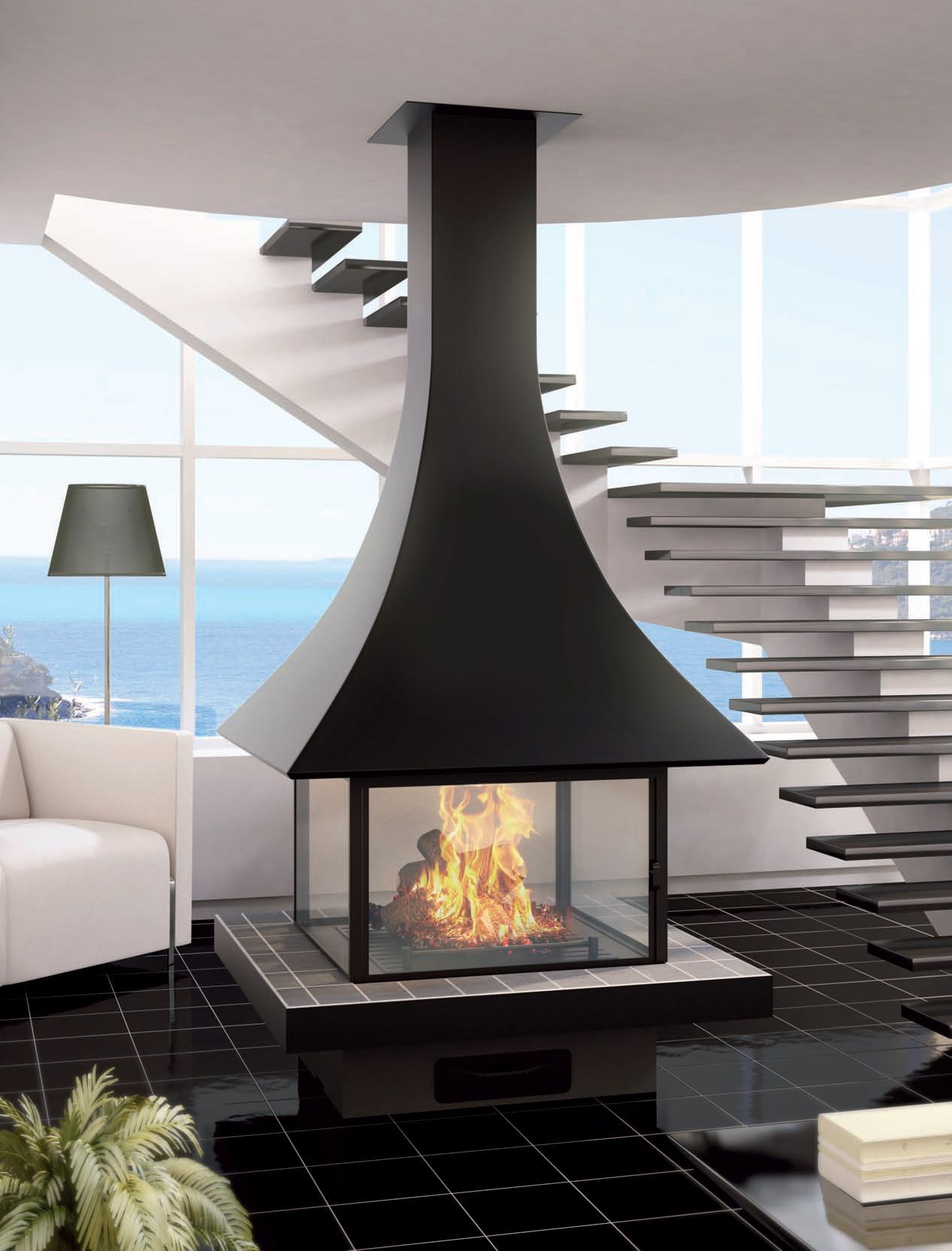 Камин центральный островной JC Bordelet Julietta 985 со стеклом панорамным и дровяным отоплением