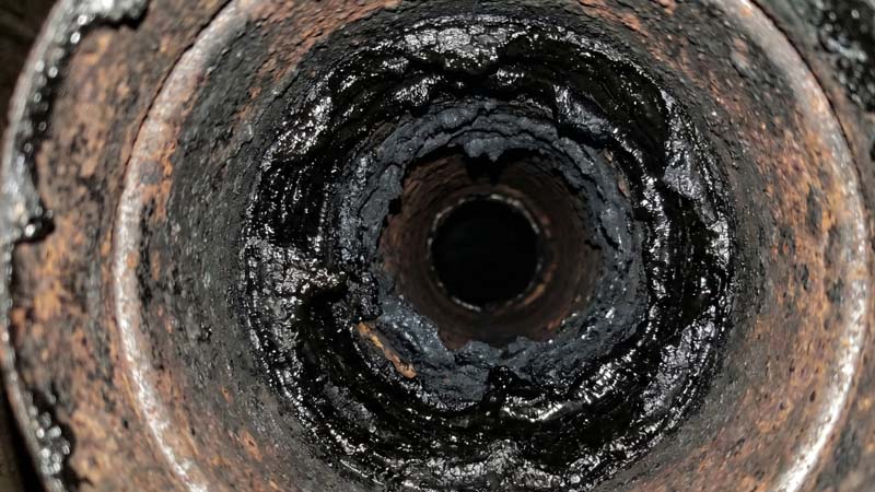 Толстый слой креозота и сажи внутри дымовой трубы
