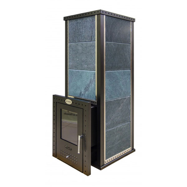 Печь банная дровяная в облицовке талькомагнезит Скала с радиусными углами Klover RT 35-RV 310S