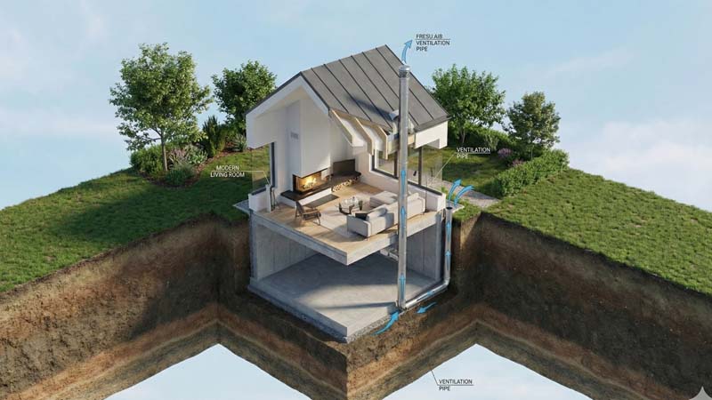 3D-схема загородного дома в разрезе показывающая движение воздуха через подземный канал к каминной топке