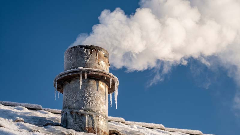 Обледеневший металлический дымоход с густым дымом на заснеженной крыше