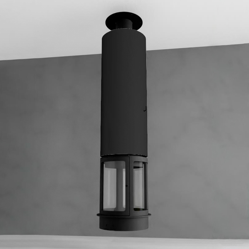 Камин подвесной круглый черный с панорамным остеклением и дымоходом диаметром 180 мм Traforart Olympia Suspendida