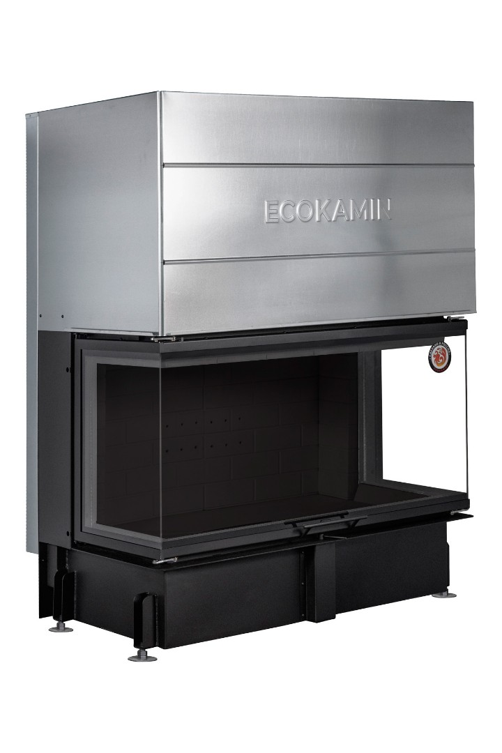 Каминная топка трехсторонняя с подовым горением ЭкоКамин Дельта 1200B три стекла принтинг черный шамот