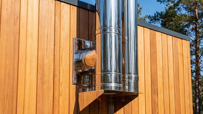 Наружный двустенный сэндвич-дымоход из нержавеющей стали на деревянном фасаде