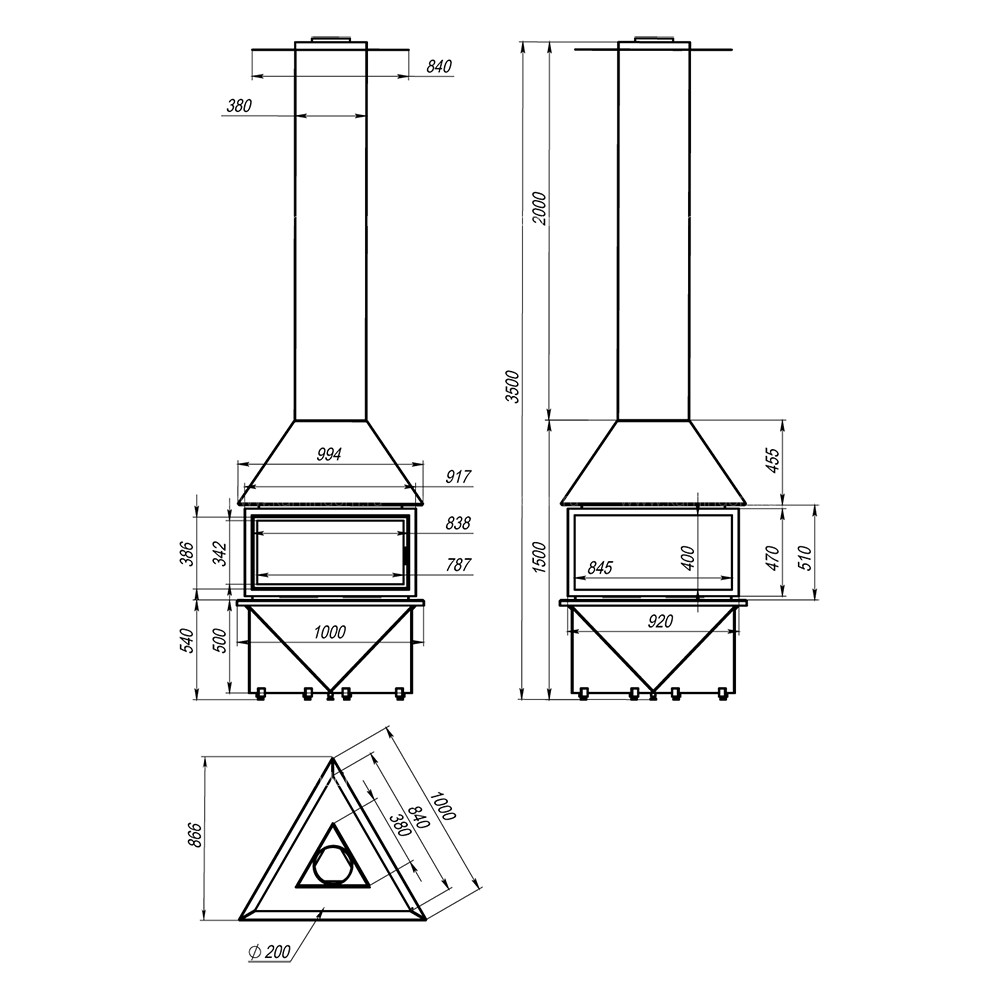 Подвесной камин треугольный панорамный OpenFire DELTA