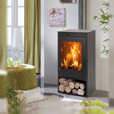 Печь-камин пристенная черная стальная с задним подключением дымохода и системой двойного дожига Panadero ZAHARA Ecodesign