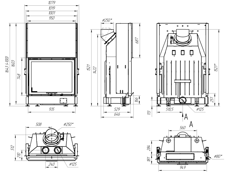 Каминная топка с подовым горением и черным шамотом Экокамин Вега 1000MPB