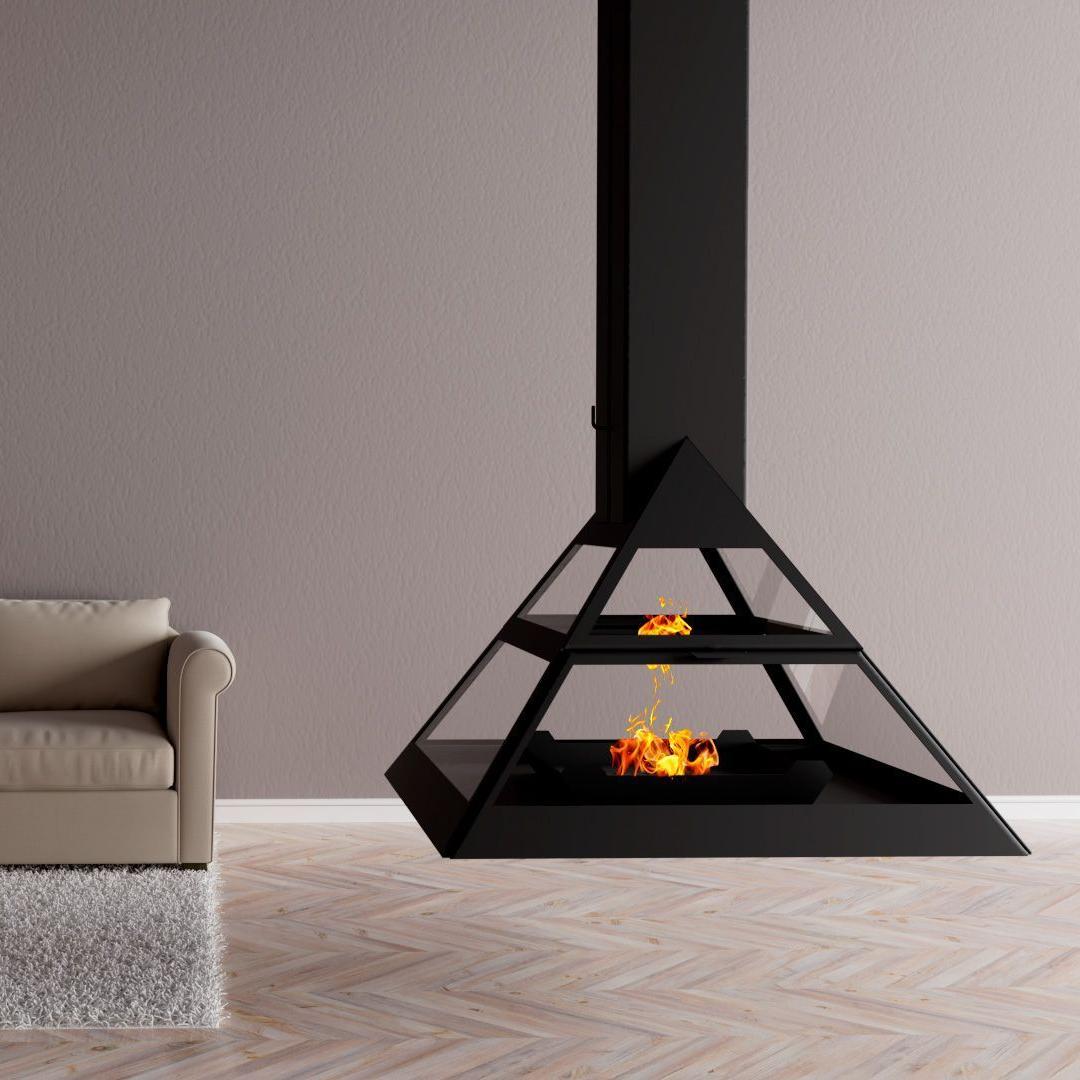 Камин подвесной центральный с панорамным остеклением и дожигом газов черный Traforart Admeto Central