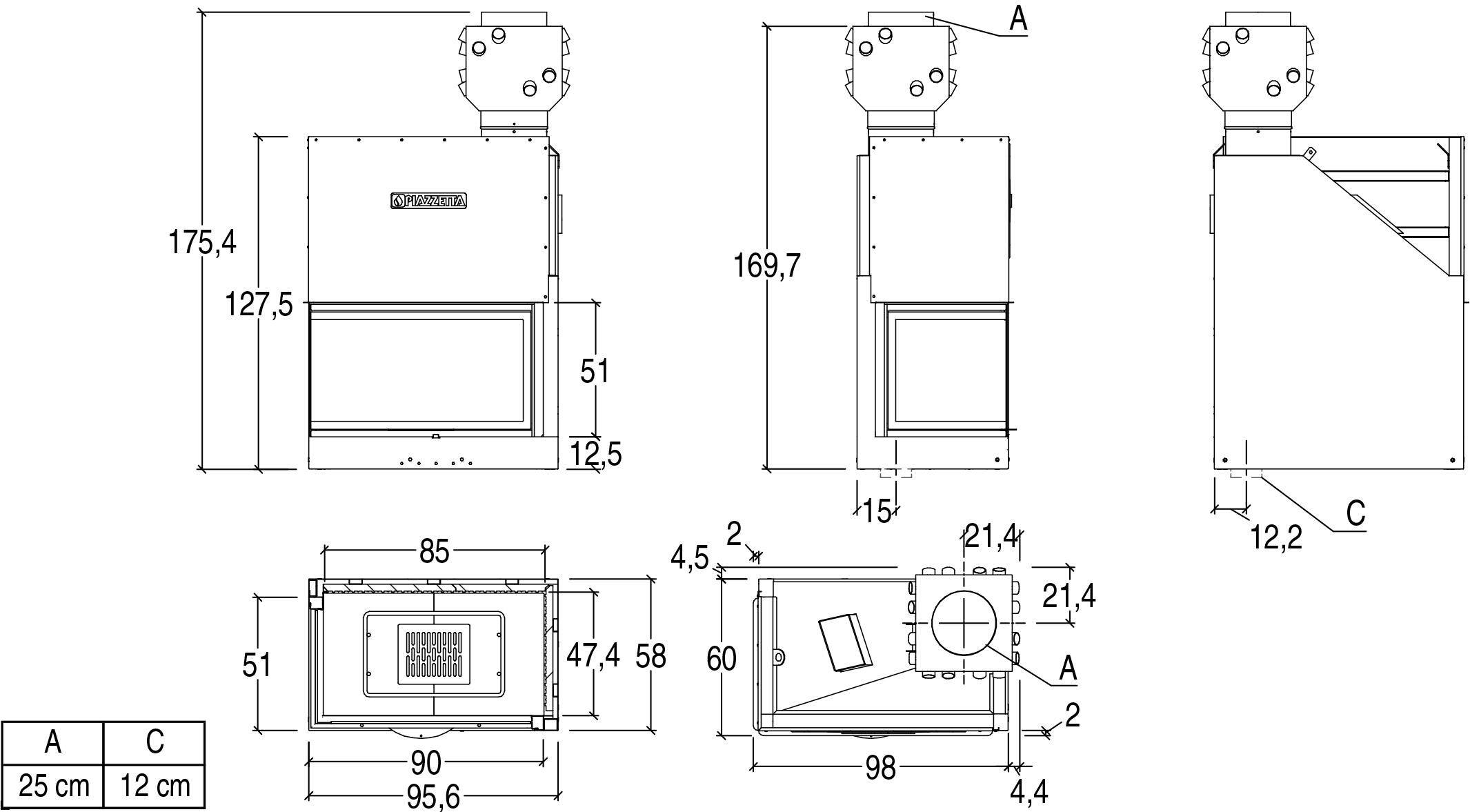 Топка каминная угловая с правым стеклом Piazzetta MA 283 SL P04131960
