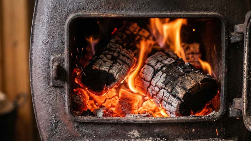 Макросъемка процесса горения дров и раскаленных углей в топке чугунной печи