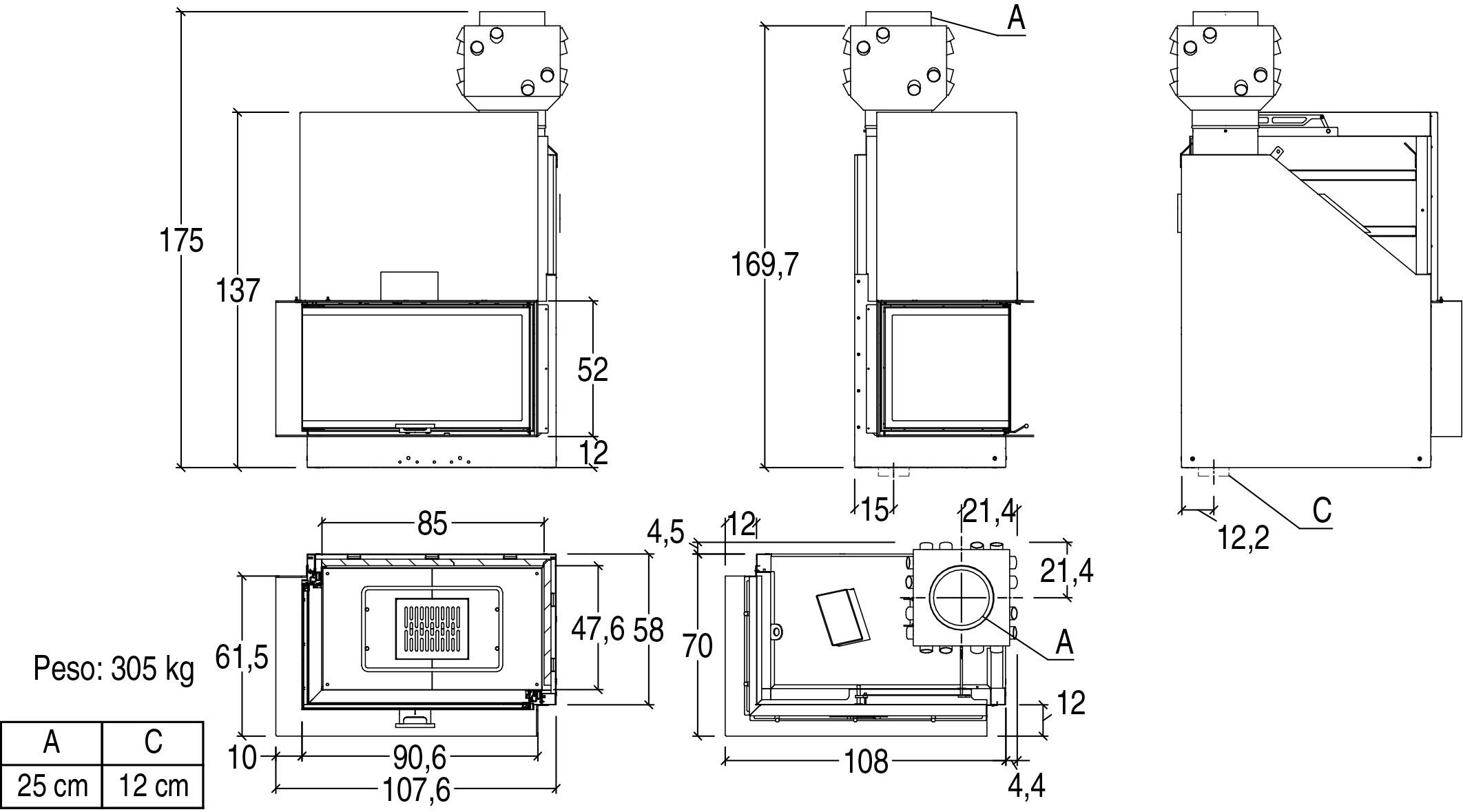 Каминная топка пристенно-угловая с двумя стеклами Piazzetta ME 90 S P04909260