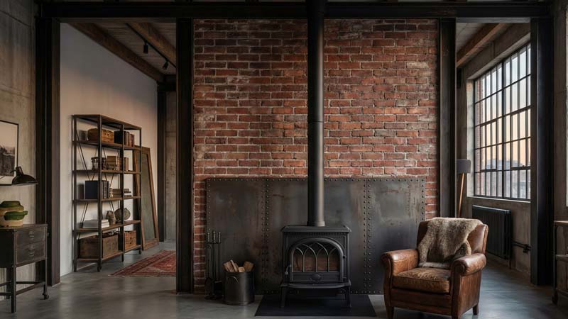 кирпичная облицовка стены за камином в стиле лофт