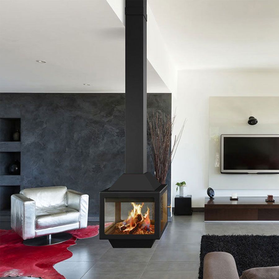 Камин центральный подвесной с панорамным остеклением и двойным дожигом газов Traforart Ariadna Central