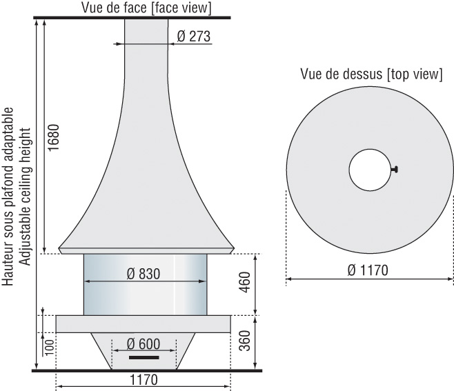 Камин центральный подвесной с панорамным стеклом и островным расположением Bordelet Eva 992