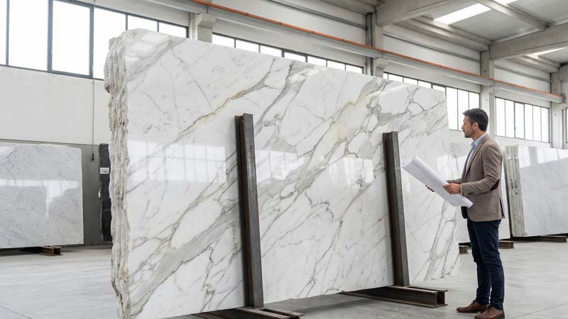 Дизайнер выбирает слэб натурального мрамора для камина на складе