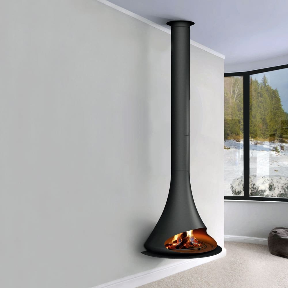 Камин центральный островной подвесной с панорамным остеклением черный Traforart Loire