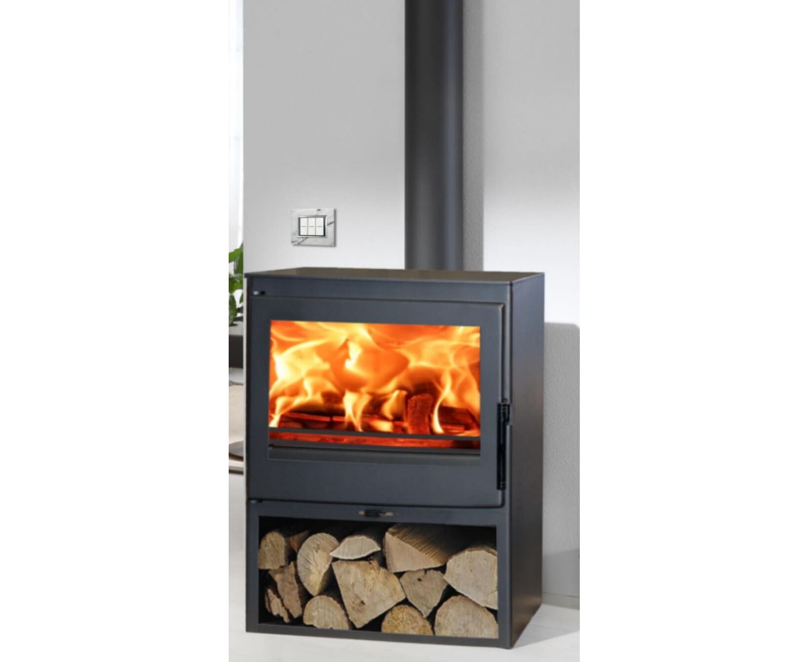 Печь-камин дровяная пристенная черная с системой вторичного дожига и подачей воздуха извне Panadero Vera