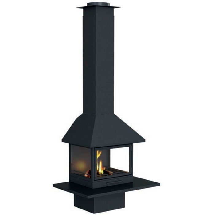 Камин пристенный с тремя стеклами черный Traforart Vulcano Frontal