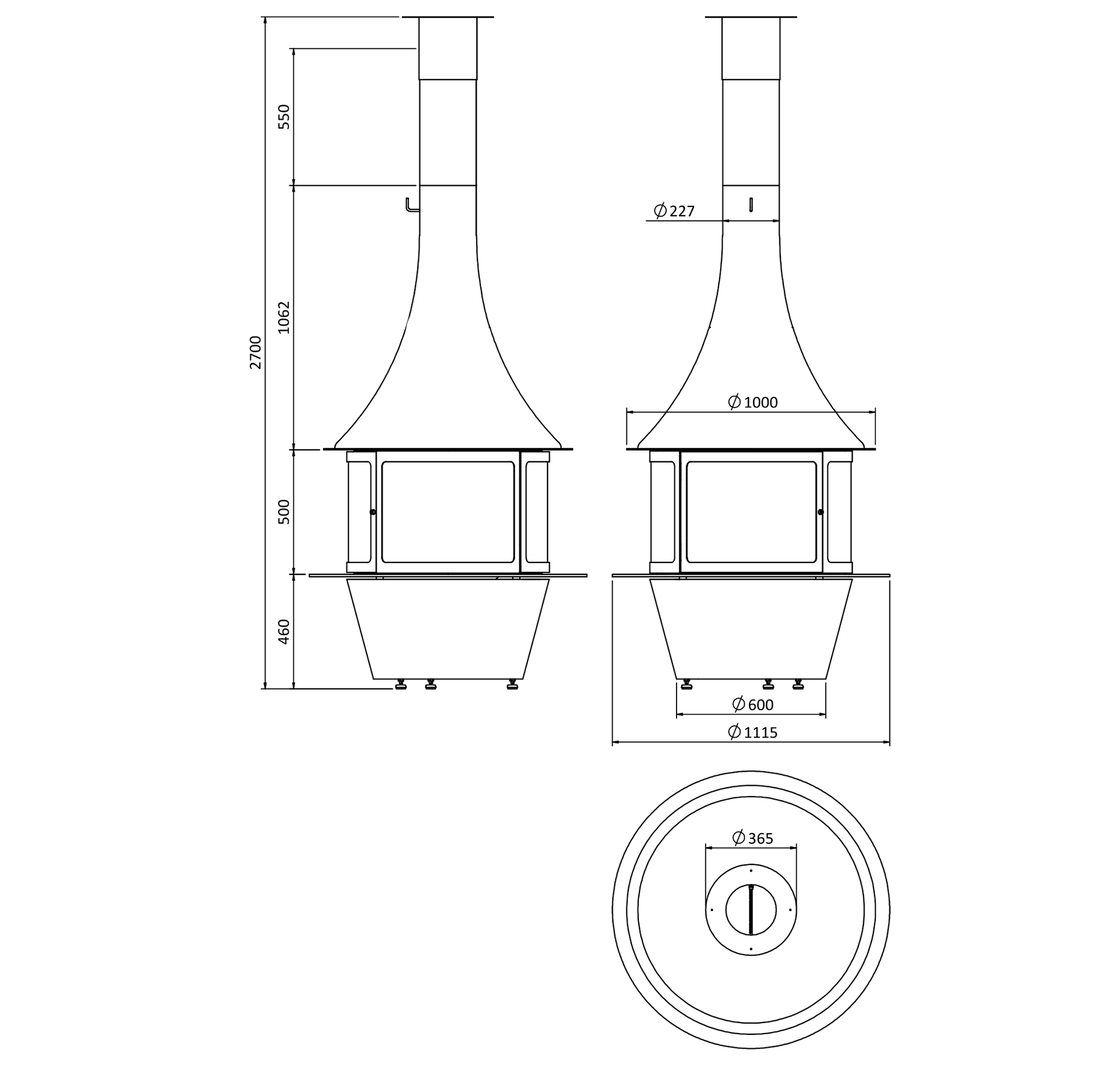 Камин центральный круглый островной подвесной с панорамным остеклением и черным корпусом Traforart Loire Central