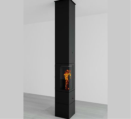 Камин стальной черный с двумя стеклами и напольной конструкцией Traforart Luxor