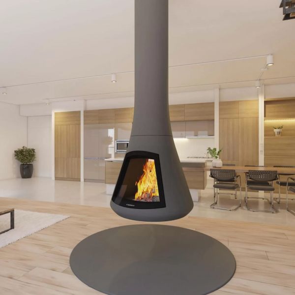 Центральный камин со стеклом округлой формы с подвесной конструкцией и системой чистого стекла Bordelet Calista 917