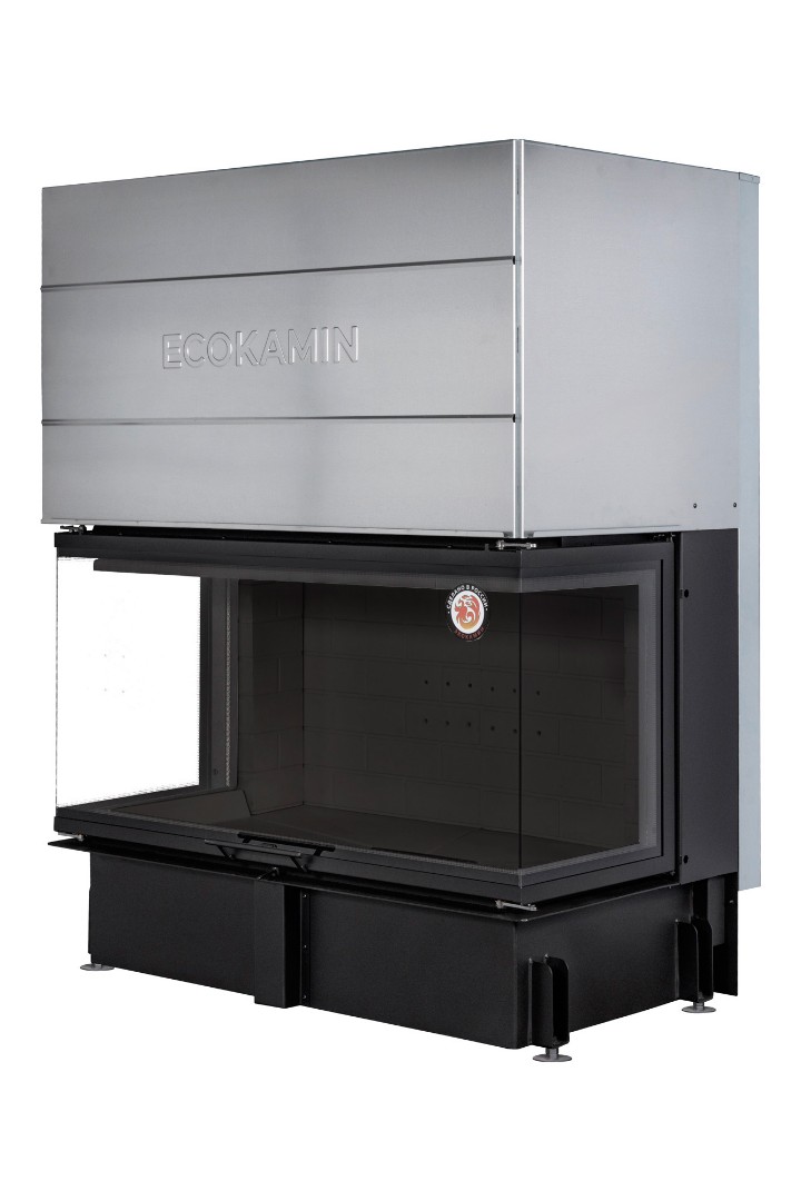 Каминная топка трехсторонняя с подовым горением ЭкоКамин Дельта 1200B три стекла принтинг черный шамот