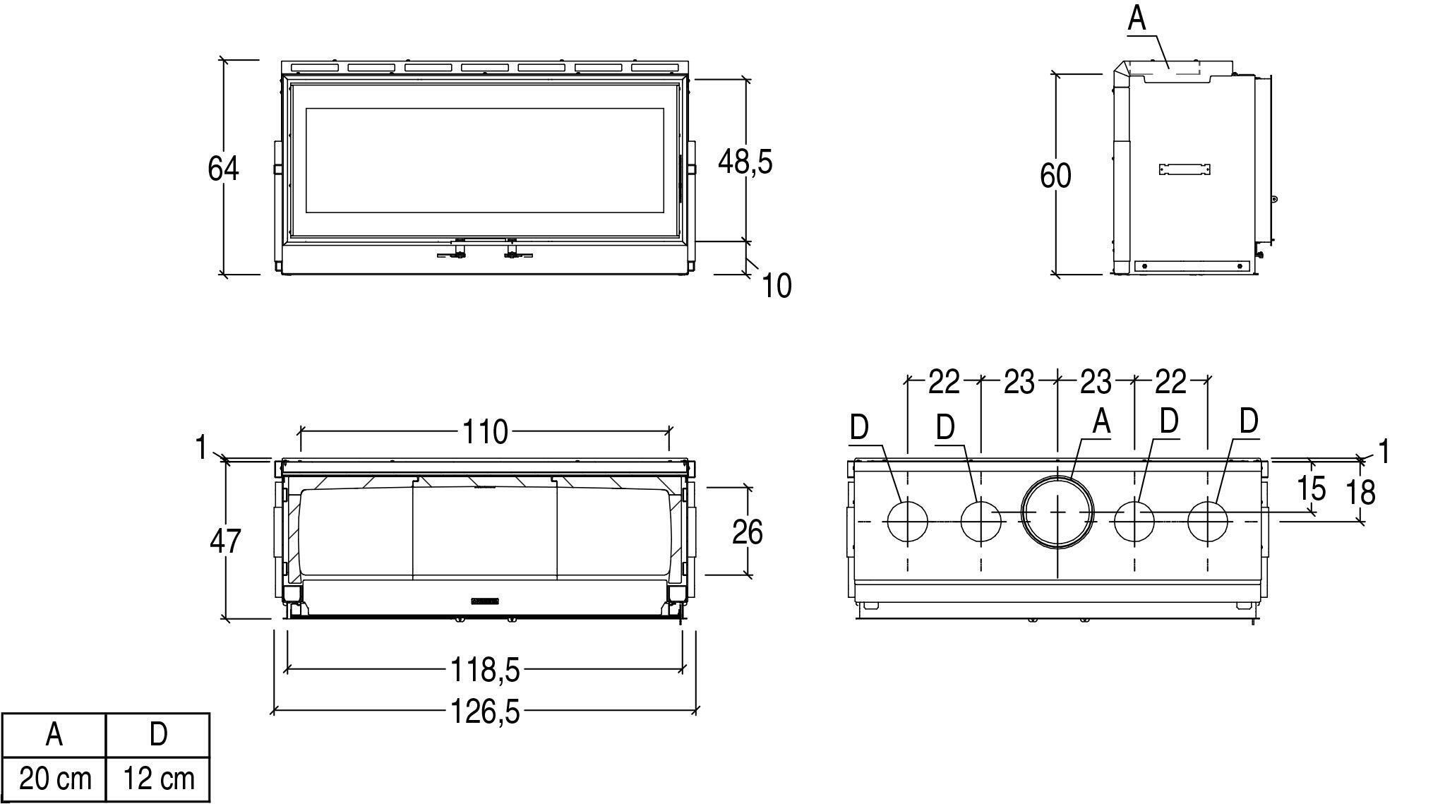 Каминная топка с прямым стеклом и боковым открыванием Piazzetta MC 120/48 P04804800