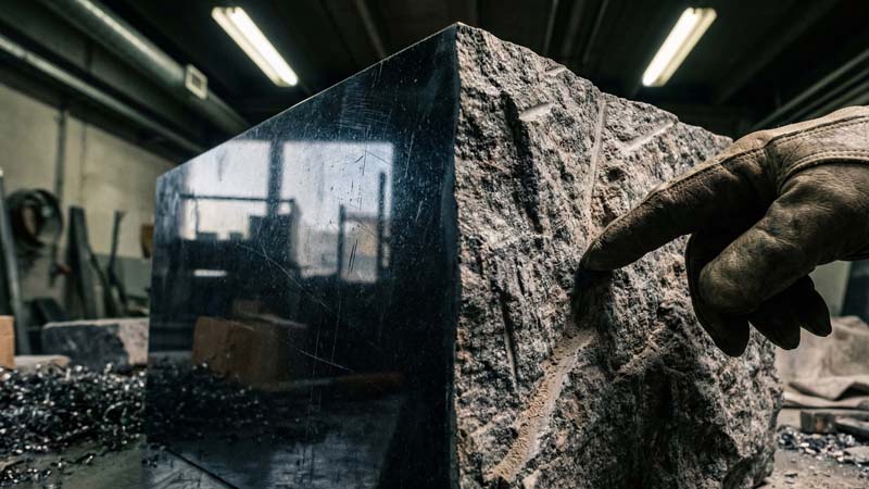 Сравнение гладкой и колотой фактуры камня на производстве