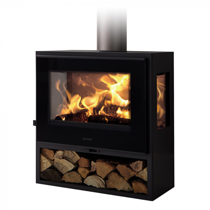 Печь-камин дровяная пристенная с тремя стеклами и системой чистого стекла Panadero Java Trivision